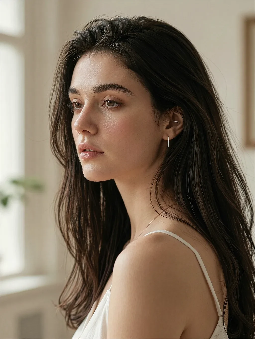 Fictional AI character in profile by a window, long brown hair and a white top in soft daylight