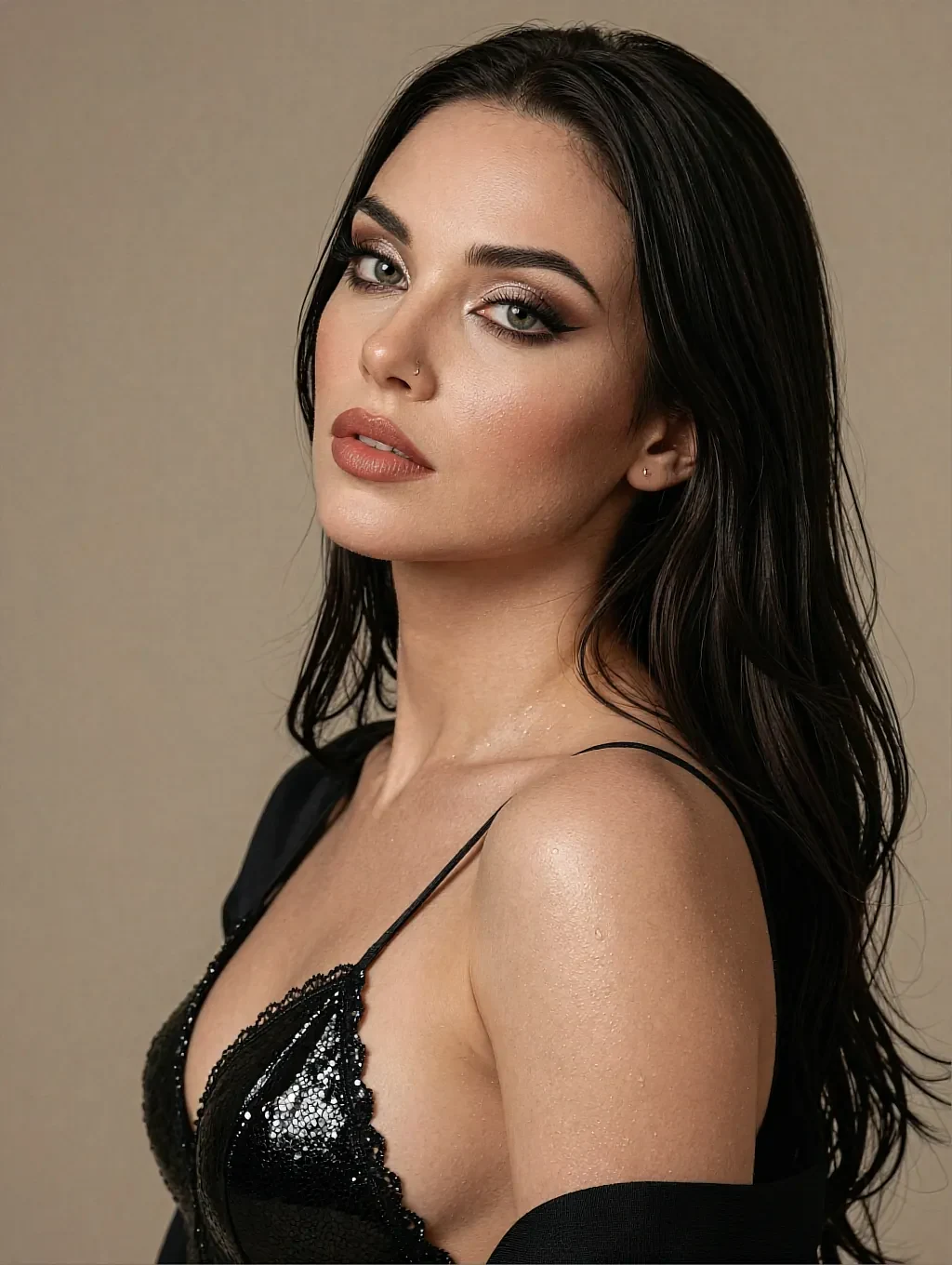 Fictional AI character with dark hair in a black lace top, lit low and warm